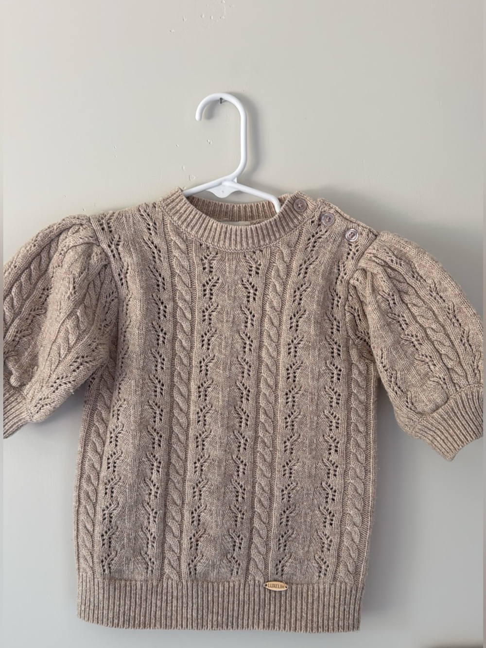 Beige Cable Knit Puff-Sleeve Sweater